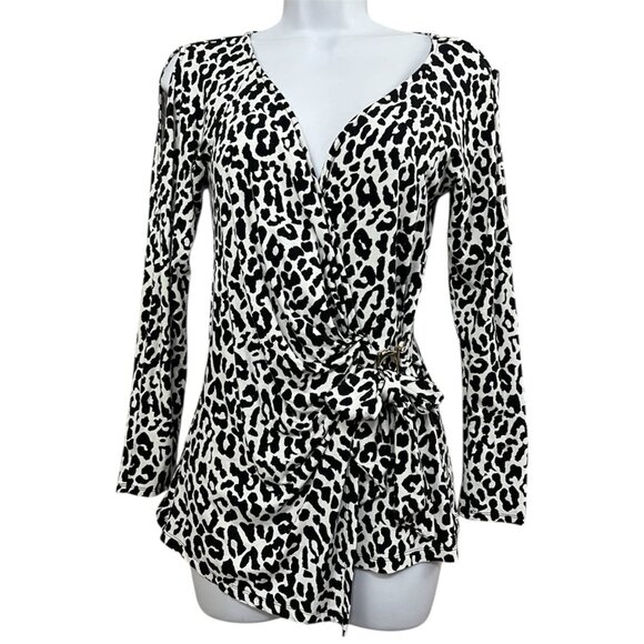 Vtg Y2K Cache Faux Wrap Top S Black White Animal Print Stretch Slim Mob Wife - Picture 1 of 8